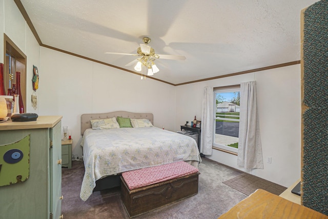 398 Vale St, Cheboygan, MI 49721 - bedroom featuring crown molding, carpet flooring, a ceiling fan, and a textured ceiling