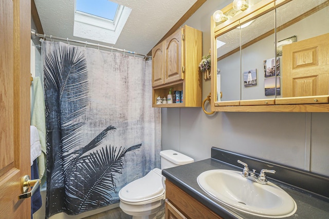 398 Vale St, Cheboygan, MI 49721 - full bath featuring a skylight, vanity, toilet, a textured ceiling, and curtained shower