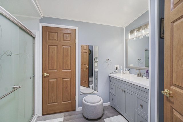 398 Vale St, Cheboygan, MI 49721 - full bath with a shower stall, vanity, and crown molding
