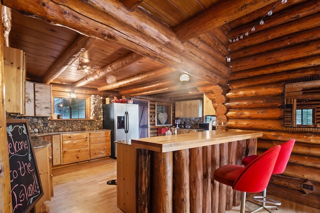 4423 Island View Dr, Gaylord, MI 49735 - kitchen featuring stainless steel fridge, butcher block counters, wood ceiling with exposed beams, light wood-style floors, and log walls