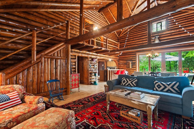 4423 Island View Dr, Gaylord, MI 49735 - living area featuring high vaulted ceiling, rustic walls, wooden ceiling with exposed beams, wood finished floors, and a chandelier