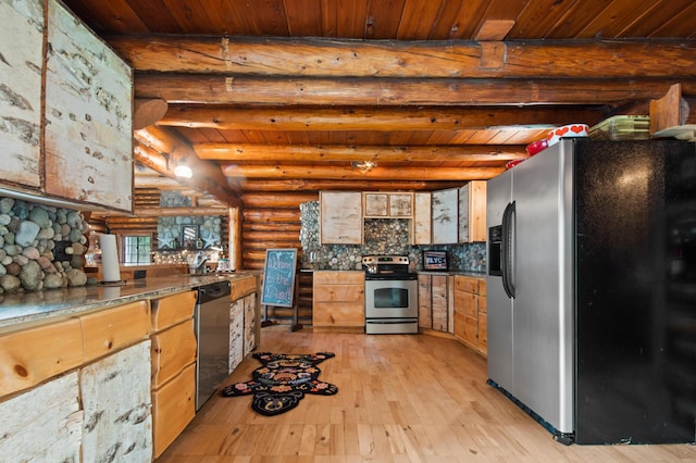 4423 Island View Dr, Gaylord, MI 49735 - kitchen with appliances with stainless steel finishes, log walls, wooden ceiling with exposed beams, light wood-style flooring, and decorative backsplash