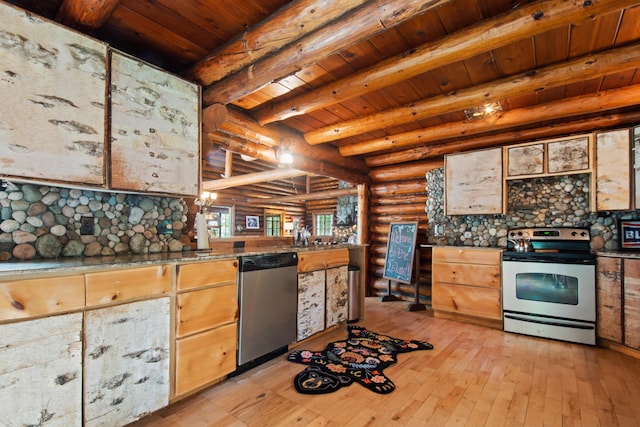 4423 Island View Dr, Gaylord, MI 49735 - kitchen featuring appliances with stainless steel finishes, rustic walls, wooden ceiling with exposed beams, light wood-style flooring, and a peninsula