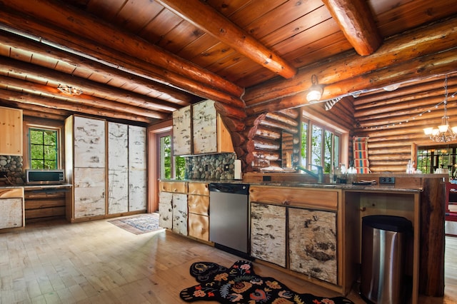 4423 Island View Dr, Gaylord, MI 49735 - kitchen with stainless steel dishwasher, hardwood / wood-style floors, wooden ceiling with exposed beams, rustic walls, and a chandelier