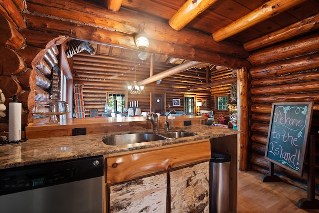 4423 Island View Dr, Gaylord, MI 49735 - kitchen featuring stainless steel dishwasher, log walls, a sink, wooden ceiling with exposed beams, and wood finished floors