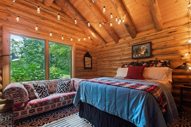 4423 Island View Dr, Gaylord, MI 49735 - bedroom with wood ceiling, log walls, and track lighting