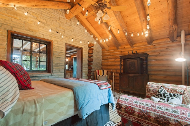 4423 Island View Dr, Gaylord, MI 49735 - bedroom featuring wooden ceiling, rustic walls, and rail lighting