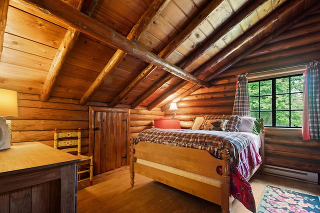 4423 Island View Dr, Gaylord, MI 49735 - bedroom with a baseboard radiator, wood ceiling, rustic walls, and hardwood / wood-style flooring