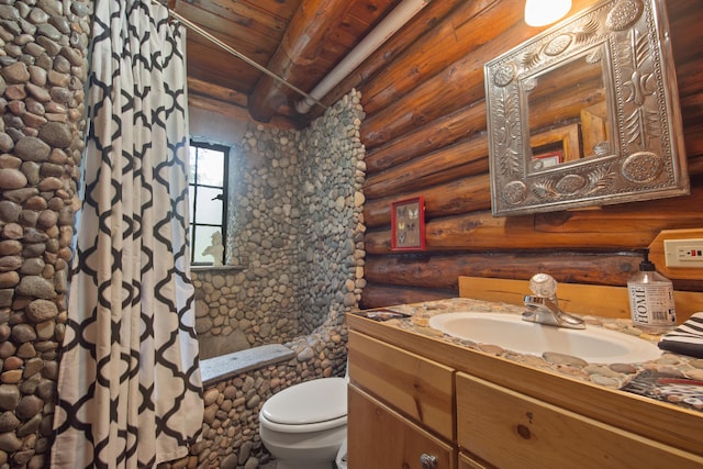4423 Island View Dr, Gaylord, MI 49735 - full bath with wooden ceiling with exposed beams, vanity, toilet, log walls, and shower / tub combo with curtain