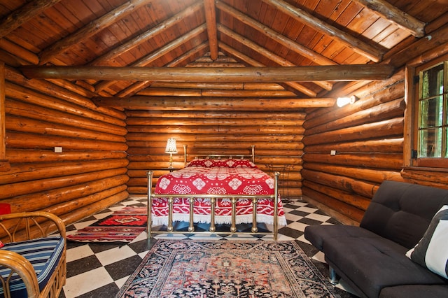 4423 Island View Dr, Gaylord, MI 49735 - bedroom featuring tile patterned floors, wooden ceiling, and log walls