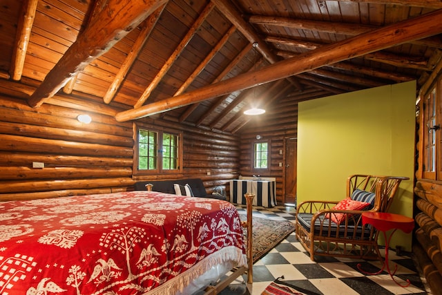 4423 Island View Dr, Gaylord, MI 49735 - bedroom featuring tile patterned floors, wood ceiling, and rustic walls