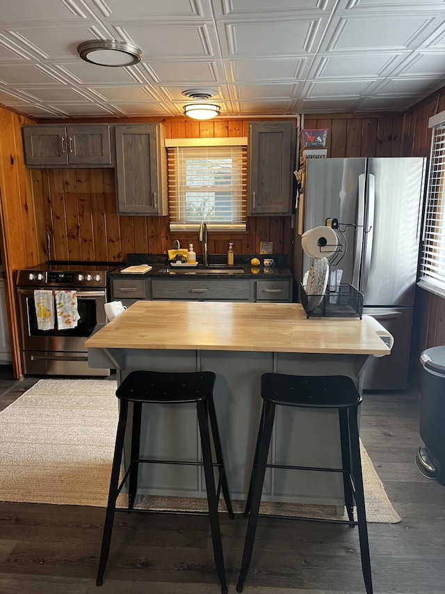 1828 Higgins, Saint Helen, MI 48656 - kitchen featuring appliances with stainless steel finishes, an ornate ceiling, wooden walls, wood counters, and a sink