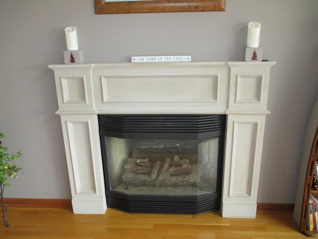 5622 Vacationland Dr, Lewiston, MI 49756 - detailed view of wood finished floors, baseboards, and a fireplace