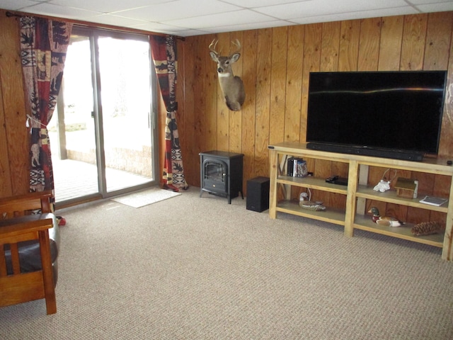 5622 Vacationland Dr, Lewiston, MI 49756 - carpeted living area featuring a wood stove and wooden walls
