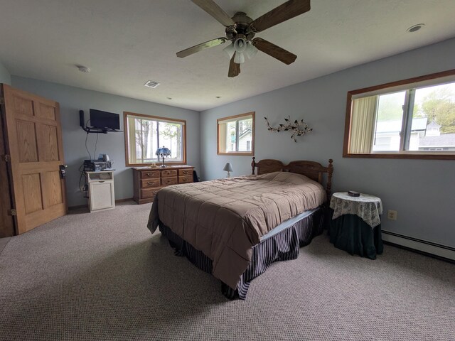 6783 E Houghton Lake Dr, Houghton Lake, MI 48629 - bedroom featuring carpet flooring, ceiling fan, and a baseboard heating unit