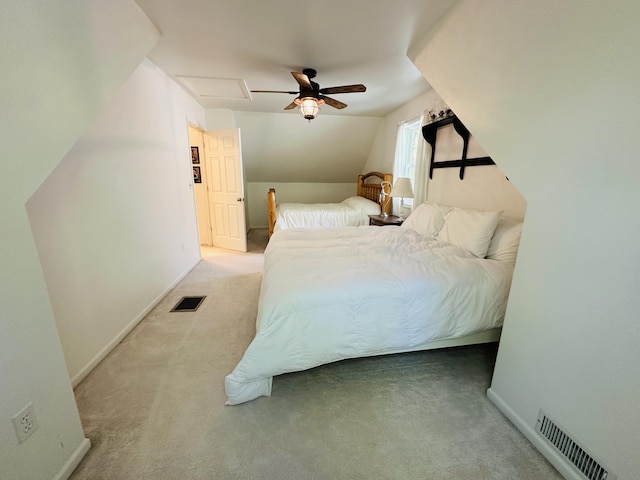 240 Monroe Blvd, Roscommon, MI 48653 - bedroom featuring carpet floors, vaulted ceiling, ceiling fan, baseboards, and attic access