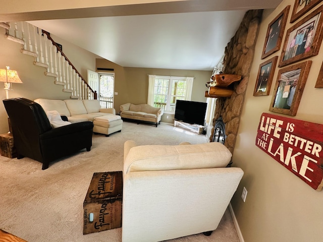 240 Monroe Blvd, Roscommon, MI 48653 - carpeted living room featuring stairs and baseboards