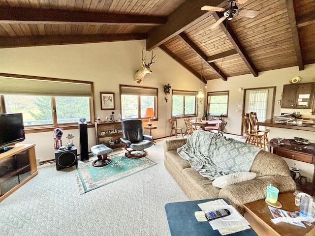 5356 Spruce Dr, Lewiston, MI 49756 - carpeted living area with wood ceiling, ceiling fan, and baseboards