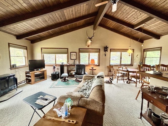 5356 Spruce Dr, Lewiston, MI 49756 - living area with carpet flooring, a ceiling fan, wood ceiling, a wood stove, and healthy amount of natural light