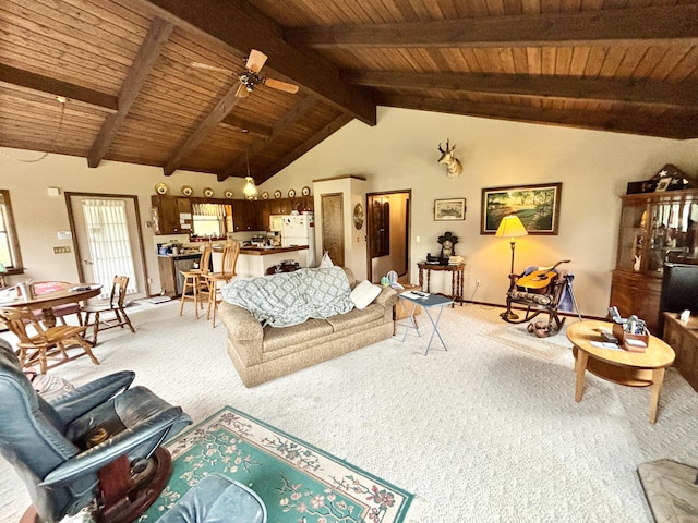 5356 Spruce Dr, Lewiston, MI 49756 - living room featuring wood ceiling, light carpet, a ceiling fan, and baseboards
