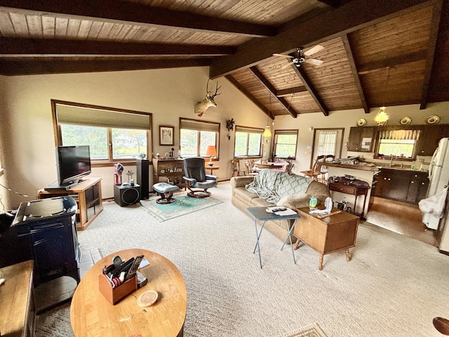 5356 Spruce Dr, Lewiston, MI 49756 - living room with carpet flooring, wooden ceiling, a ceiling fan, and baseboards