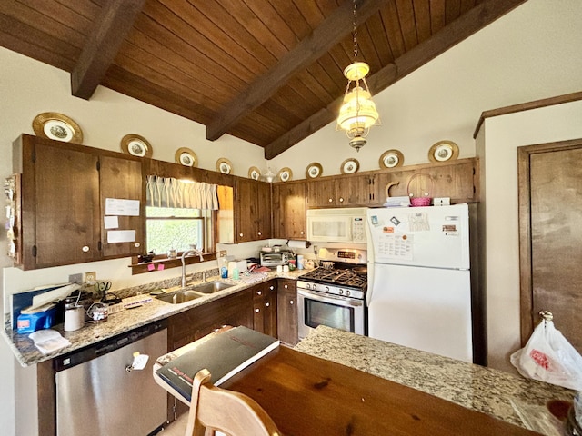 5356 Spruce Dr, Lewiston, MI 49756 - kitchen with appliances with stainless steel finishes, a sink, wooden ceiling, and decorative light fixtures
