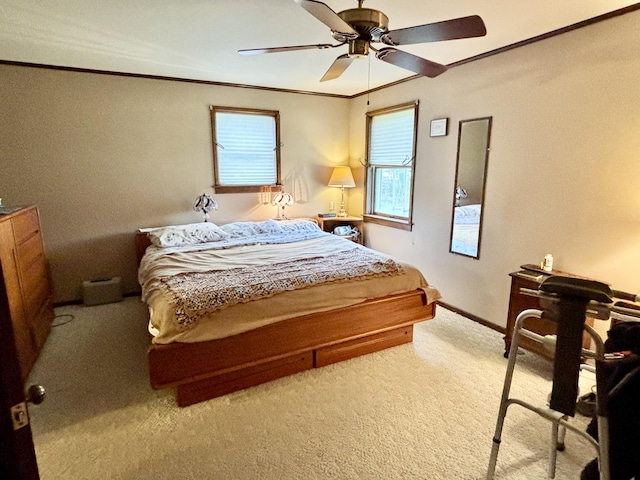 5356 Spruce Dr, Lewiston, MI 49756 - bedroom featuring carpet flooring, ornamental molding, ceiling fan, and baseboards