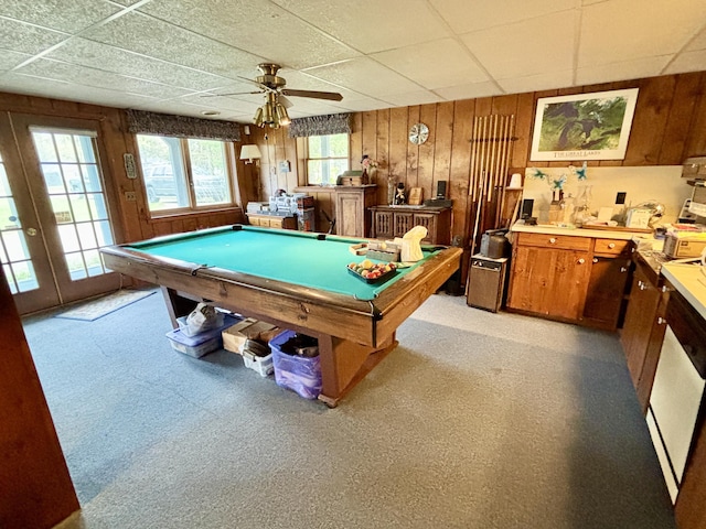 5356 Spruce Dr, Lewiston, MI 49756 - playroom featuring wood walls, a drop ceiling, ceiling fan, and pool table
