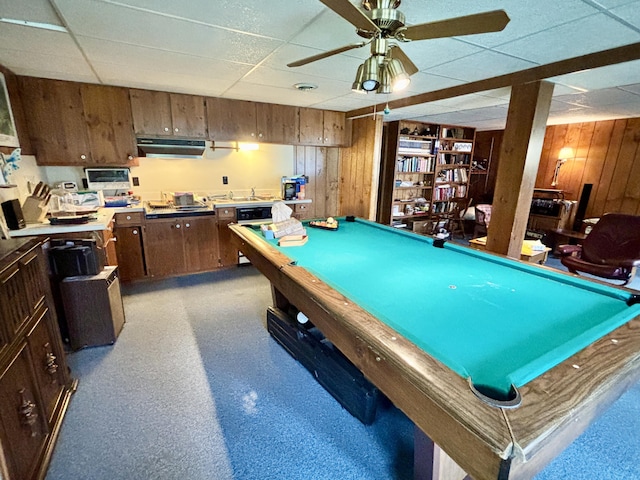 5356 Spruce Dr, Lewiston, MI 49756 - recreation room with wooden walls, a drop ceiling, billiards, and ceiling fan