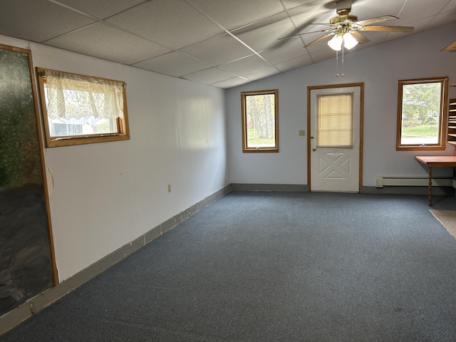 2323 Hobbs Dr, Alpena, MI 49707 - carpeted foyer with a ceiling fan, baseboard heating, vaulted ceiling, and a paneled ceiling