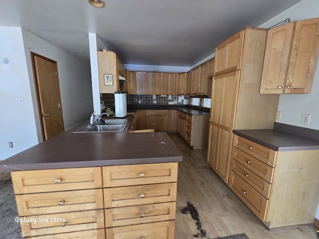 3547 Kay Rd, Lewiston, MI 49756 - kitchen with dark countertops, light wood finished floors, a peninsula, decorative backsplash, and under cabinet range hood