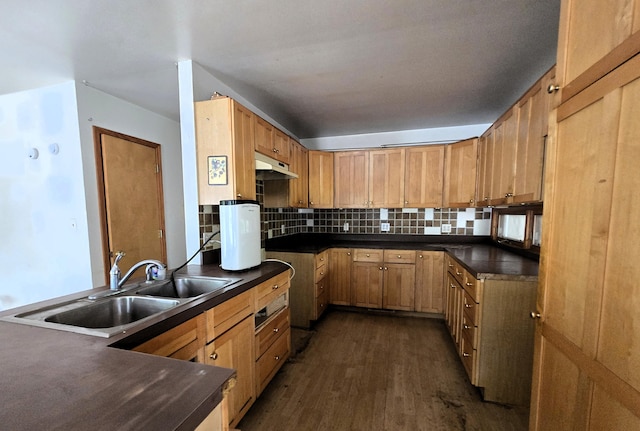 3547 Kay Rd, Lewiston, MI 49756 - kitchen with under cabinet range hood, dark wood finished floors, dark countertops, and decorative backsplash