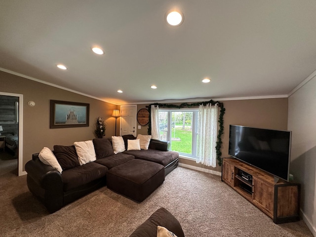 1085 Five Lakes Rd, Gaylord, MI 49735 - carpeted living room with recessed lighting, ornamental molding, and baseboards