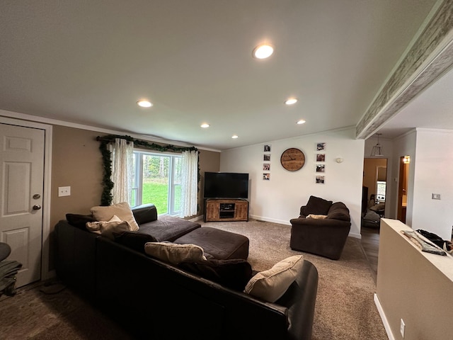 1085 Five Lakes Rd, Gaylord, MI 49735 - living room with crown molding, carpet flooring, recessed lighting, and baseboards