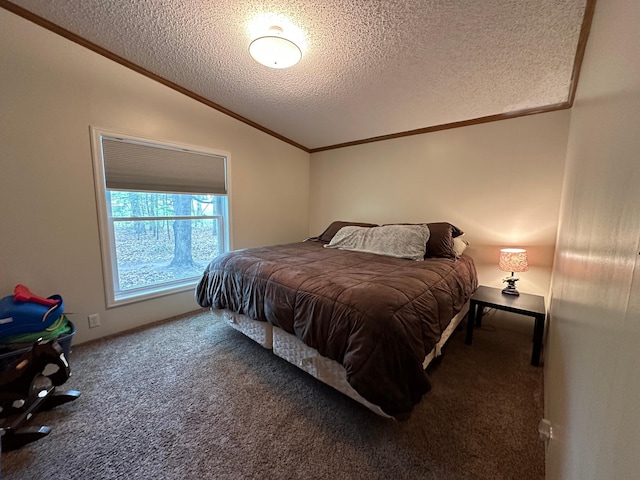 1085 Five Lakes Rd, Gaylord, MI 49735 - bedroom with crown molding, a textured ceiling, vaulted ceiling, and carpet
