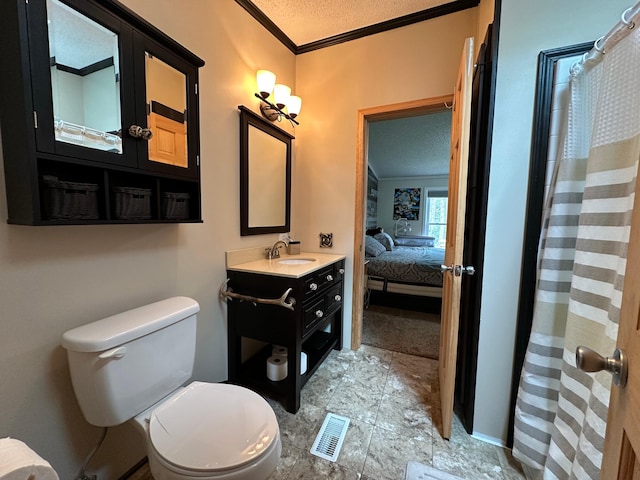 1085 Five Lakes Rd, Gaylord, MI 49735 - full bathroom with ornamental molding, vanity, a textured ceiling, toilet, and ensuite bath