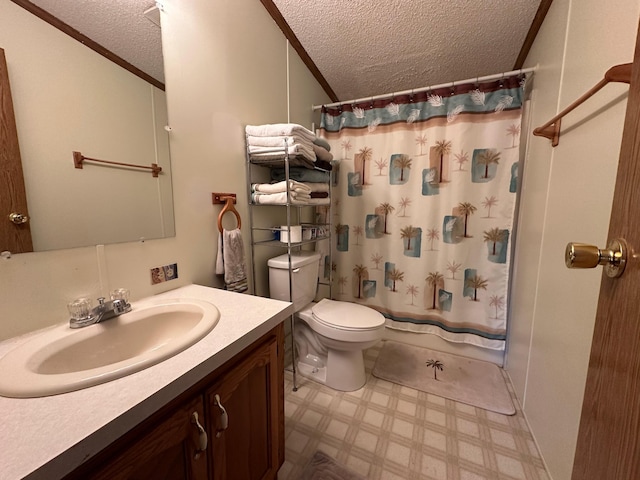 1085 Five Lakes Rd, Gaylord, MI 49735 - bathroom featuring a textured ceiling, tile patterned floors, vanity, toilet, and ornamental molding