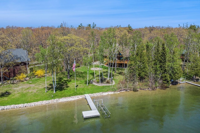 10924 E Grand Lake Rd, Presque Isle, MI 49777 - dock area with a water view, a wooded view, and a lawn