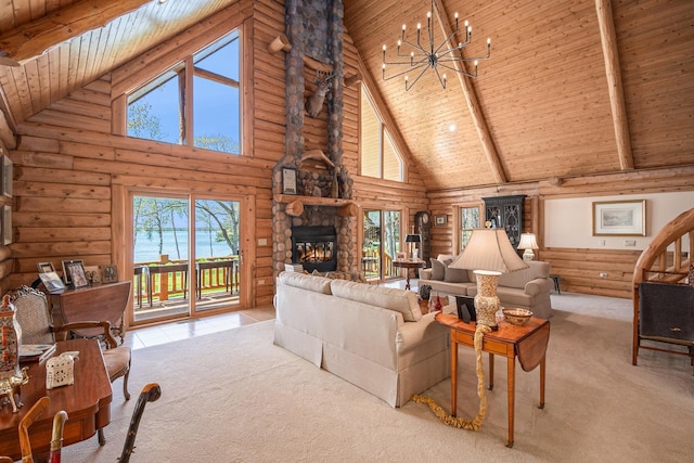 10924 E Grand Lake Rd, Presque Isle, MI 49777 - carpeted living room featuring high vaulted ceiling, wood ceiling with exposed beams, a chandelier, log walls, and a fireplace
