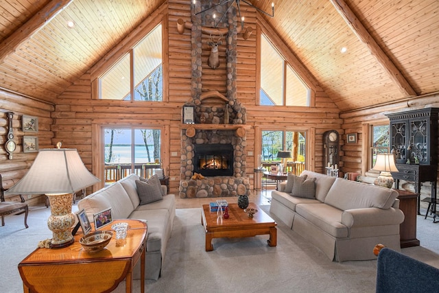10924 E Grand Lake Rd, Presque Isle, MI 49777 - living area with high vaulted ceiling, wooden ceiling with exposed beams, a stone fireplace, rustic walls, and carpet floors