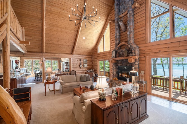 10924 E Grand Lake Rd, Presque Isle, MI 49777 - living room with high vaulted ceiling, wooden ceiling with exposed beams, healthy amount of natural light, light colored carpet, and log walls