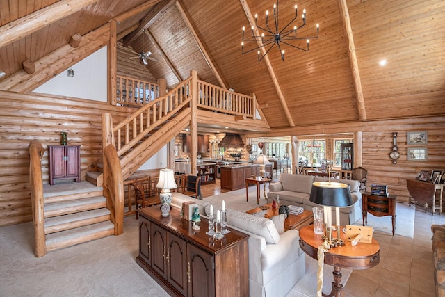 10924 E Grand Lake Rd, Presque Isle, MI 49777 - living area with wood ceiling with exposed beams, high vaulted ceiling, rustic walls, stairway, and a chandelier