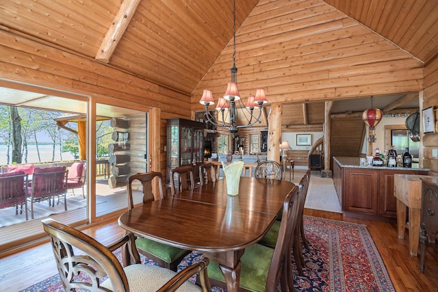 10924 E Grand Lake Rd, Presque Isle, MI 49777 - dining area with a chandelier, wood ceiling, wood finished floors, and high vaulted ceiling