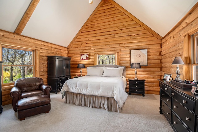 10924 E Grand Lake Rd, Presque Isle, MI 49777 - bedroom featuring light colored carpet, rustic walls, beamed ceiling, and high vaulted ceiling