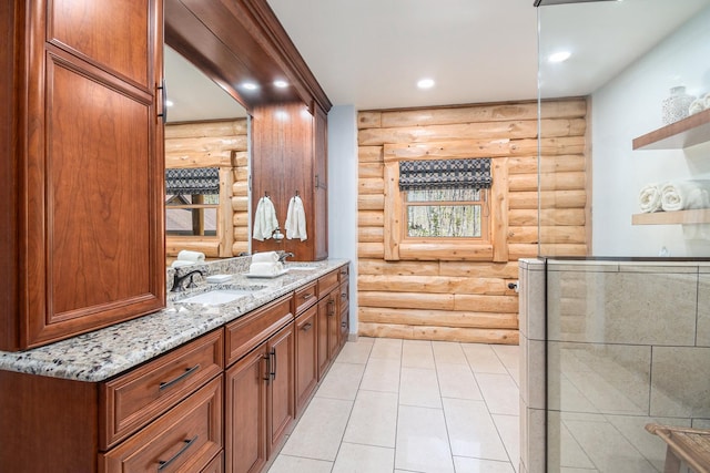 10924 E Grand Lake Rd, Presque Isle, MI 49777 - full bathroom with log walls, double vanity, tile patterned flooring, and recessed lighting