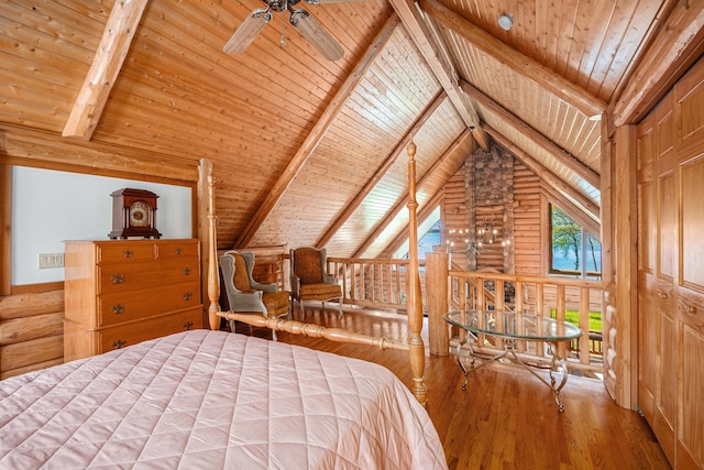 10924 E Grand Lake Rd, Presque Isle, MI 49777 - bedroom with wood ceiling, hardwood / wood-style flooring, and log walls