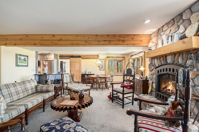 10924 E Grand Lake Rd, Presque Isle, MI 49777 - living room featuring carpet flooring, a stone fireplace, and recessed lighting