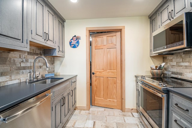 10924 E Grand Lake Rd, Presque Isle, MI 49777 - kitchen with a sink, appliances with stainless steel finishes, gray cabinets, backsplash, and recessed lighting
