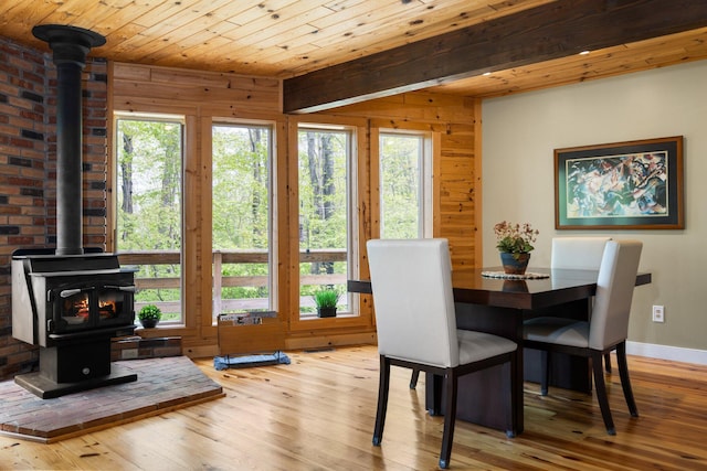 6192 Wilderness Dr, Mancelona, MI 49659 - dining area featuring a wood stove, hardwood / wood-style flooring, wooden ceiling, wood walls, and baseboards