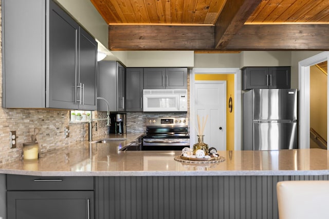 6192 Wilderness Dr, Mancelona, MI 49659 - kitchen featuring appliances with stainless steel finishes, gray cabinets, a sink, wood ceiling with exposed beams, and tasteful backsplash
